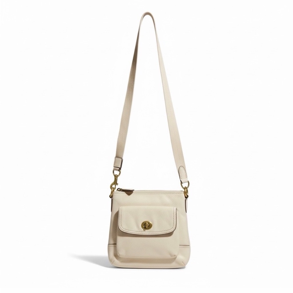 Coach Ivory Pebbled Leather Crossbody Bag with twist lock